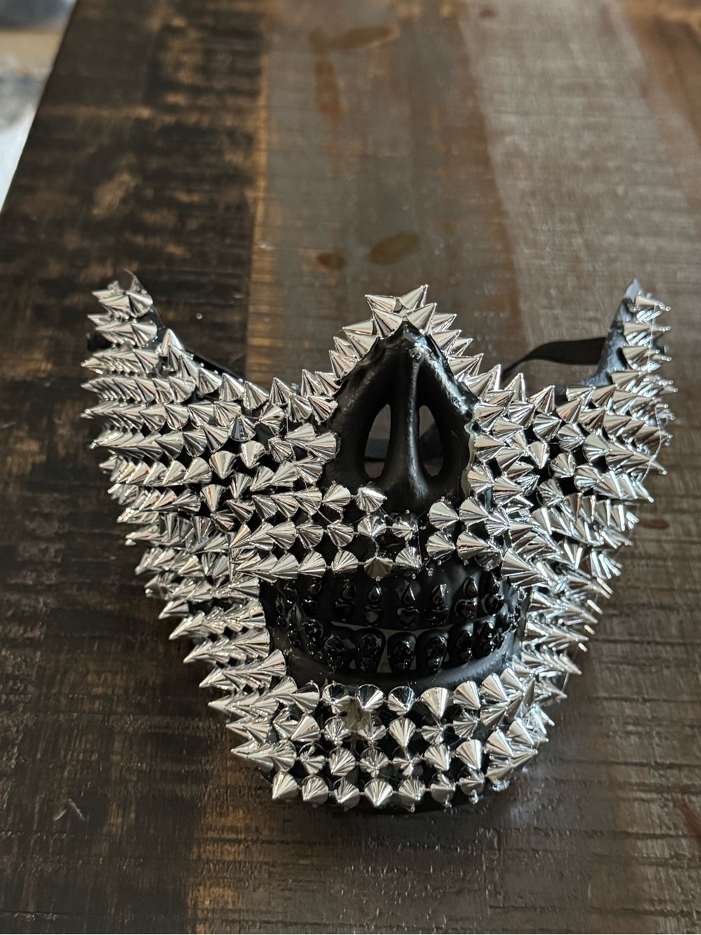 halloween silver-spiked black skull half-mask with coned spikes and rhinestones